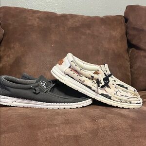 2 pair of Hey Dude Dark Gray and Beige Fish-Print Casual Slip-On Loafers